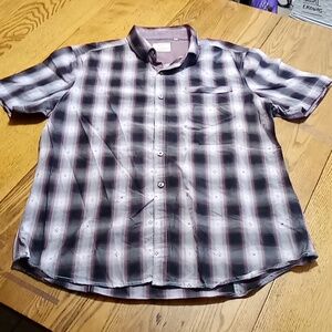 7 Diamonds Mens Shirt BLACK RED Striped Preowned LARGE Short Sleeves Cotton